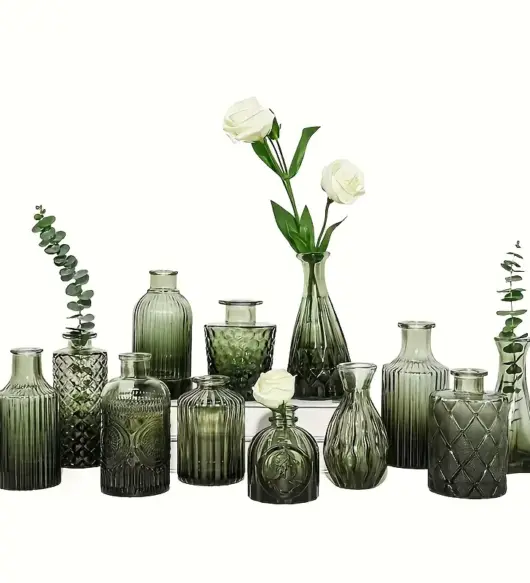 12pcs Green Glass Vase Set