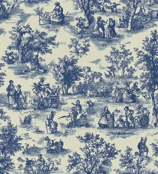 Blue Rural Labor Tree Cottage Pattern Countryside Wallpaper
