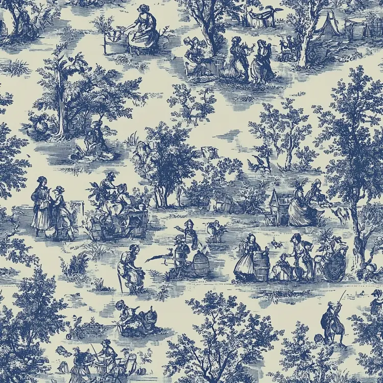 Blue Rural Labor Tree Cottage Pattern Countryside Wallpaper