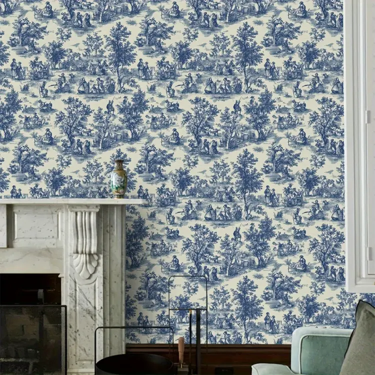 Blue Rural Labor Tree Cottage Pattern Countryside Wallpaper - Image 2