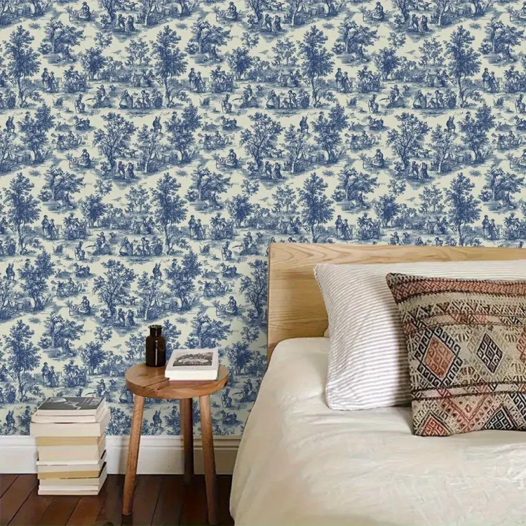 Blue Rural Labor Tree Cottage Pattern Countryside Wallpaper - Image 3
