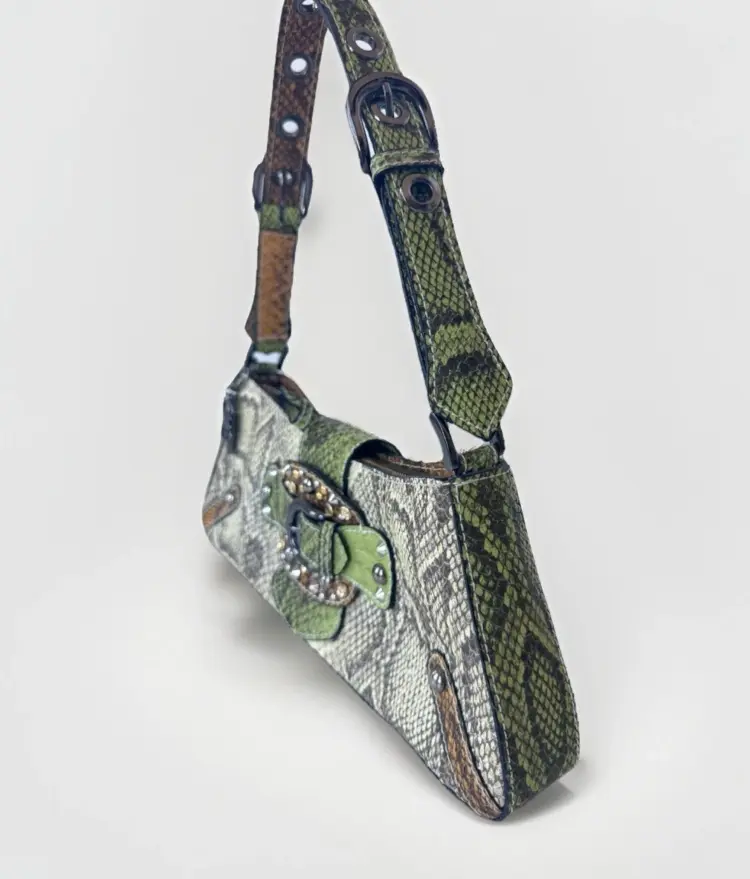 Vintage 90s Y2K GUESS Studded Snake Print Shoulder Bag Rhinestone Purse - Image 3