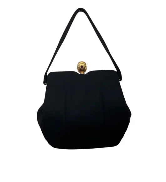 Vintage Rosenfeld Black Evening Clutch Bag with Gold Clasp & Purple Gem Detail - Size Small