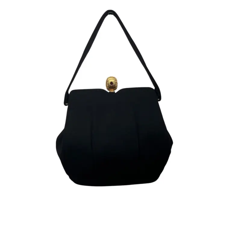 Vintage Rosenfeld Black Evening Clutch Bag with Gold Clasp & Purple Gem Detail - Size Small