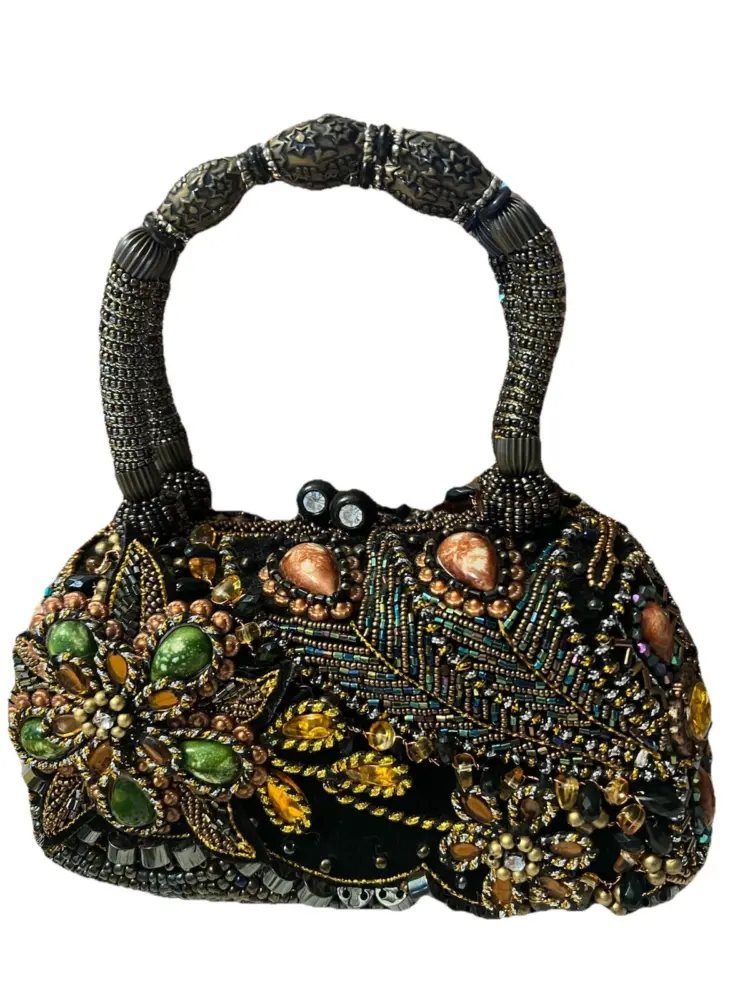 Vintage Moni Couture Beaded Evening Bag - Black Floral Clutch Purse