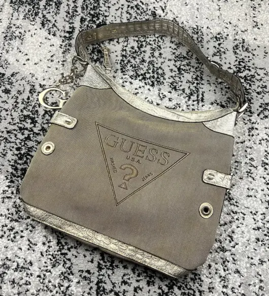 Vintage Guess USA Y2K Shoulder Handbag - Brown Washed Canvas Logo Bag