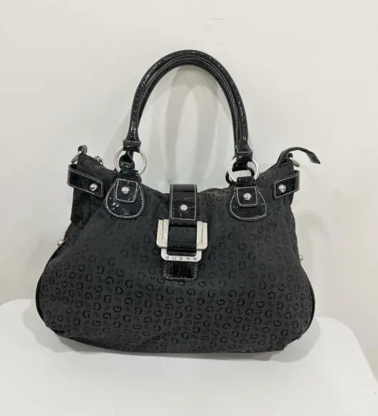 Vintage GUESS Monogram Shoulder Bag Black & Silver Large Logo Tote