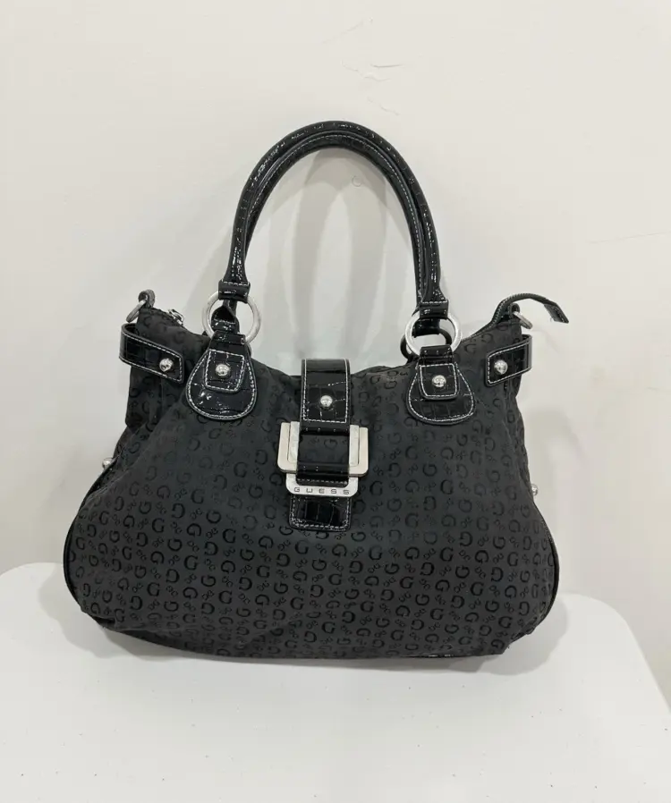 Vintage GUESS Monogram Shoulder Bag Black & Silver Large Logo Tote