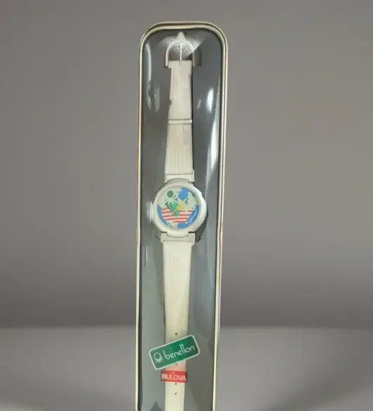 Vintage 1990s United Colors of Benetton Watch by Bulova – White (Needs Battery)