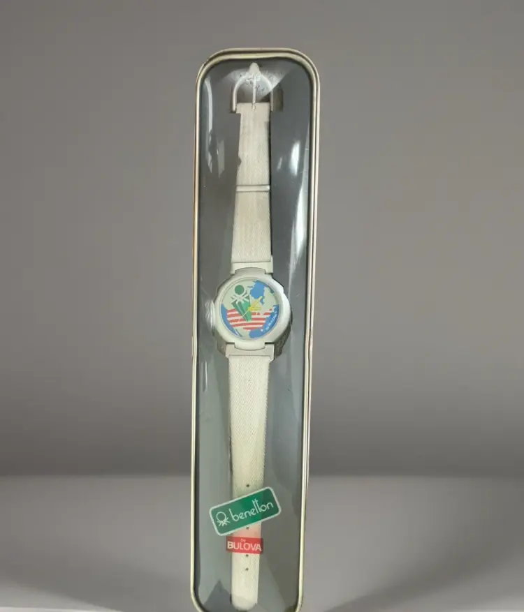 Vintage 1990s United Colors of Benetton Watch by Bulova – White (Needs Battery)