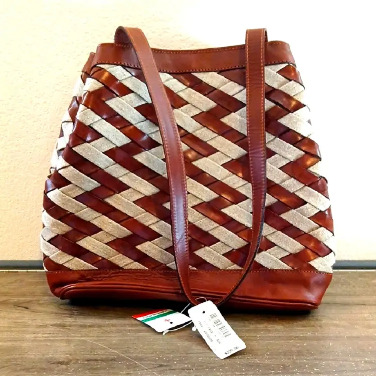 Vintage Made In Italy Woven Leather And Canvas Purse
