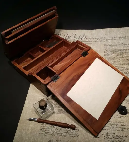 Antique Style Folding Writing Slope Lap Desk with Inkwell, Pen & Ink