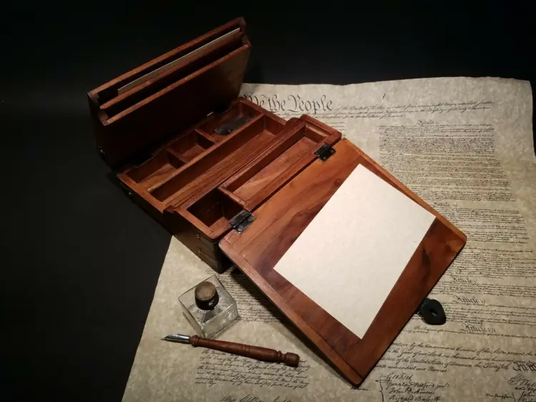 Antique Style Folding Writing Slope Lap Desk with Inkwell, Pen & Ink