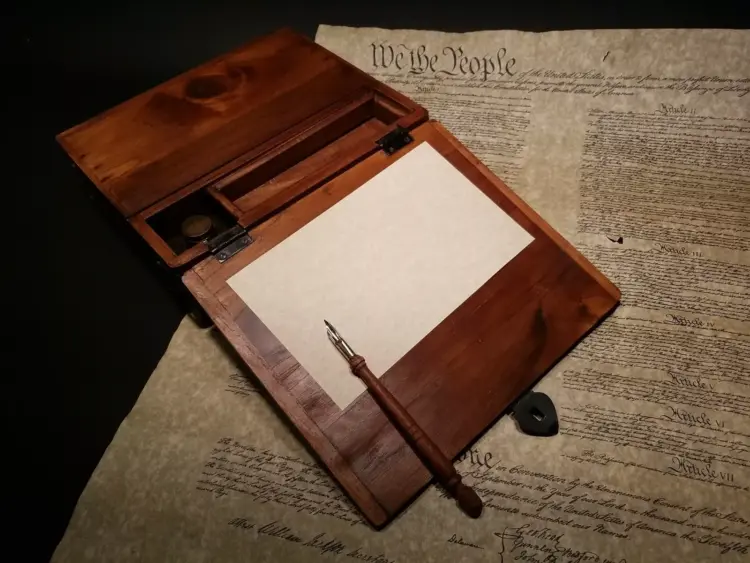 Antique Style Folding Writing Slope Lap Desk with Inkwell, Pen & Ink - Image 2