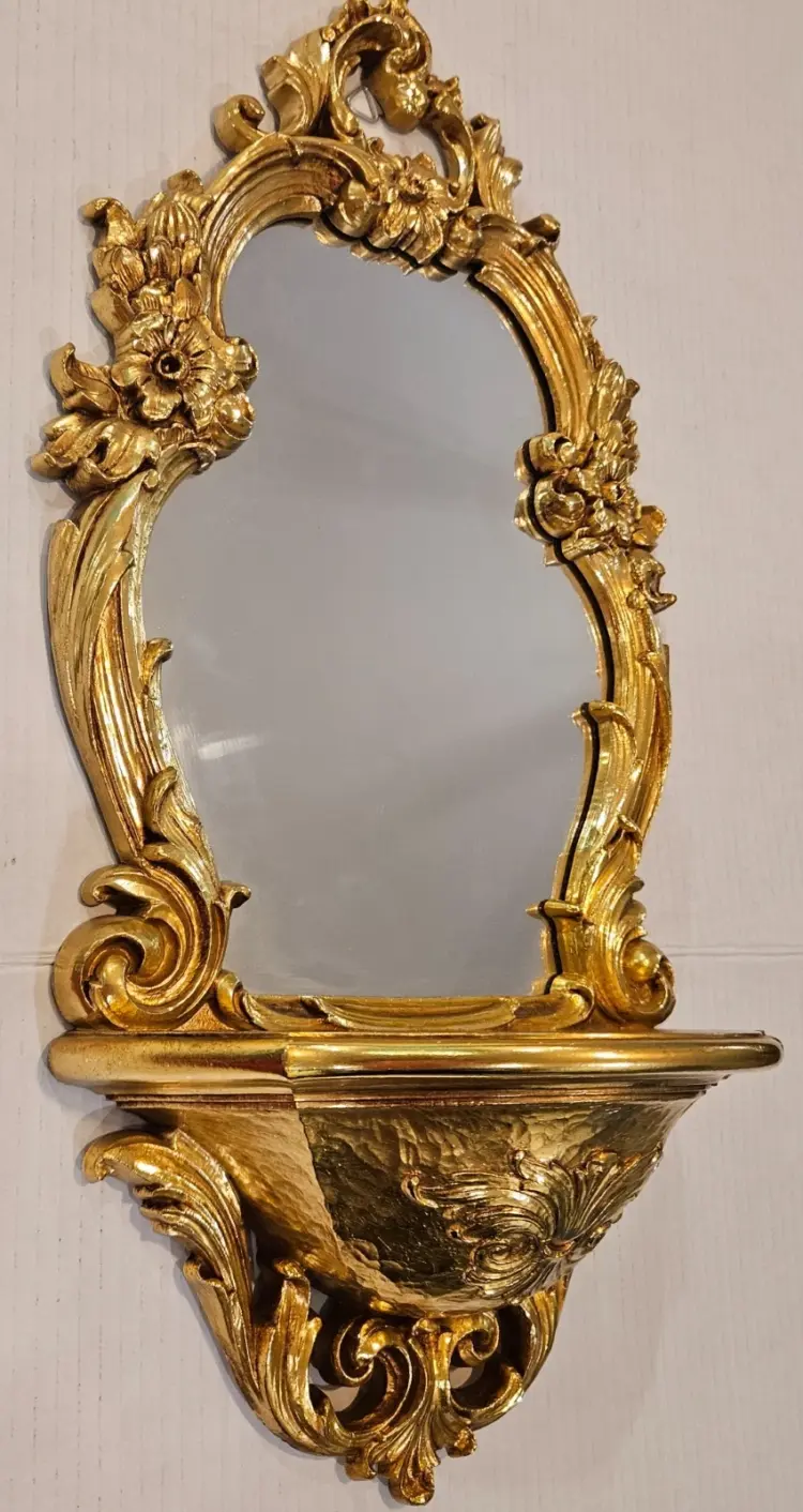 New Vintage SYROCO Gold Ornate Wall Mirror with Shelf - Image 2