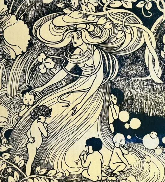 Vintage Art Nouveau Wallpaper – Nude Forest Scene, Black & Gold
