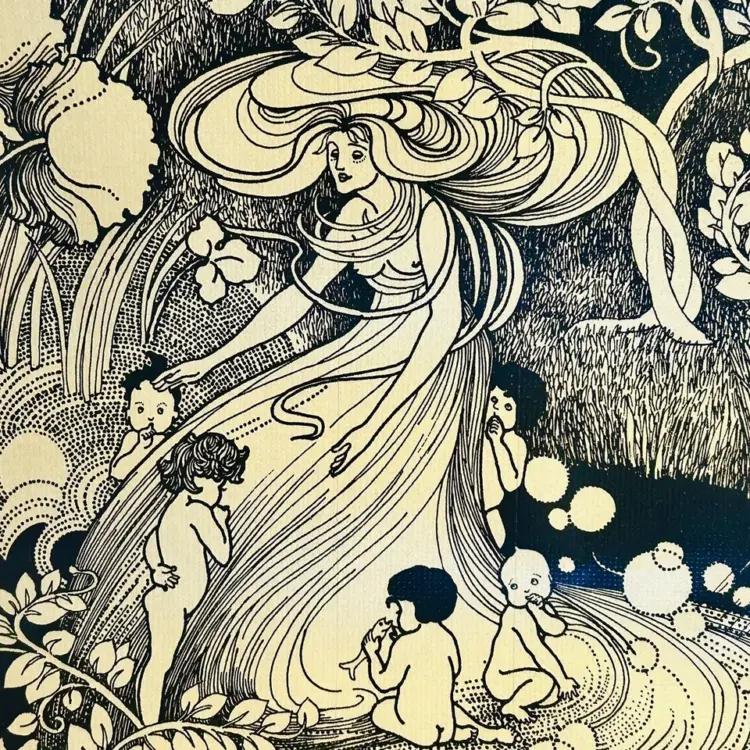 Vintage Art Nouveau Wallpaper – Nude Forest Scene, Black & Gold