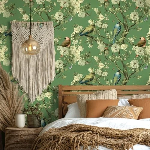 Vintage Peel and Stick Wallpaper – Green Branches & Birds Design