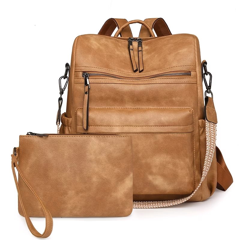 Vintage Leather Backpack & Wristlet Set – Large Capacity Travel Daypack