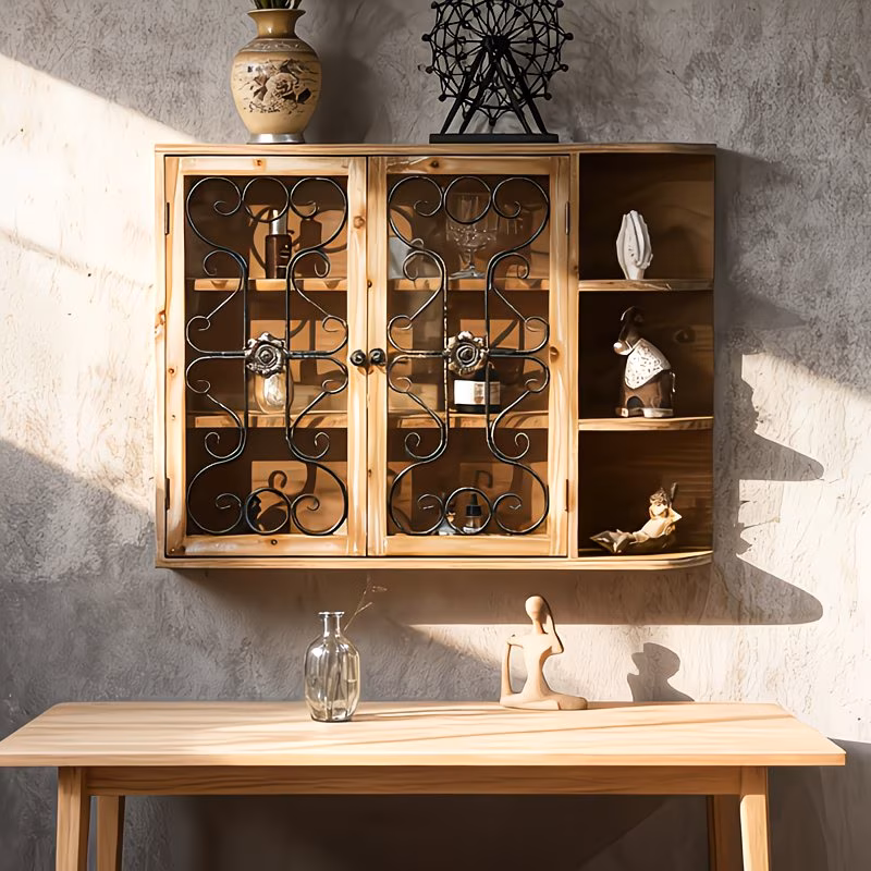 Vintage Solid Wood Wall Cabinet with Iron Scroll Doors – Rustic Floating Display Shelf