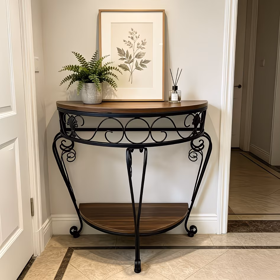 Vintage Half-Moon Console Table with Wrought Iron Frame – 2 Tier