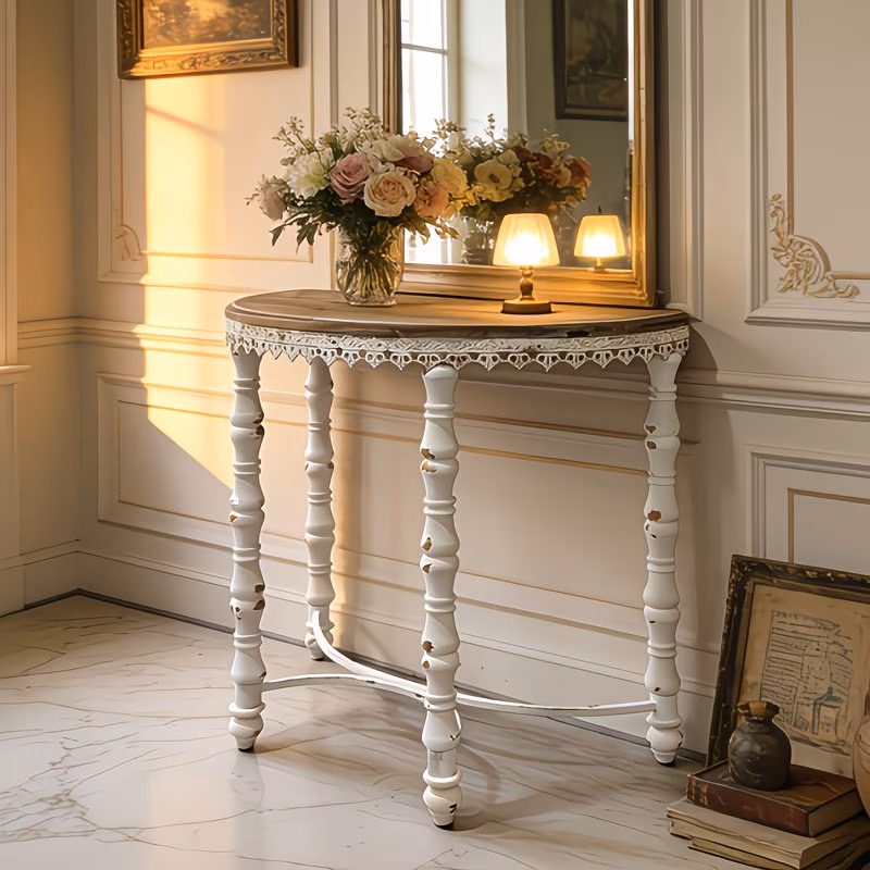 French Country Half-Moon Console Table – Vintage Distressed Entryway Accent Table
