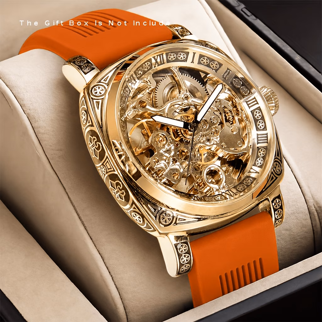 Vintage Skeleton Mechanical Watch – Yellow Orange Engraved Automatic Timepiece