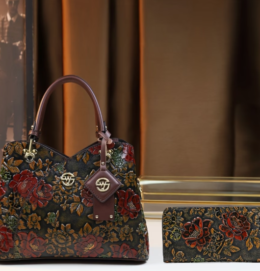 Vintage Embossed Floral Handbag & Wallet Set – Coffee Brown Shoulder Tote