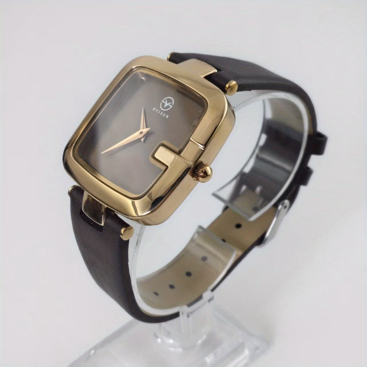 Elegant Square Dial Women's Watch – Vintage Brown Contrast Design with Leather Strap