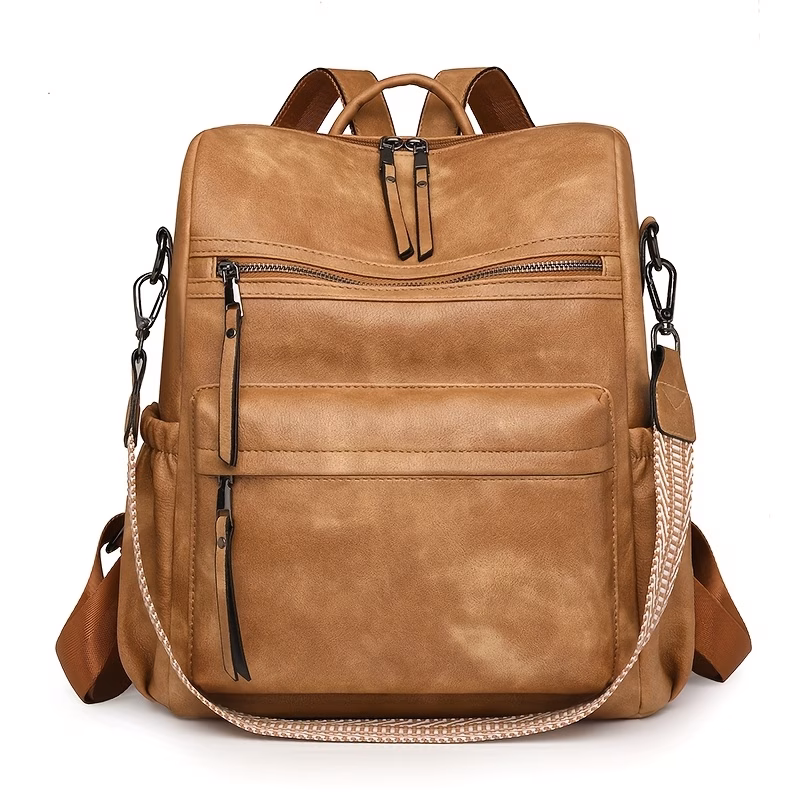 Vintage Leather Backpack & Wristlet Set – Large Capacity Travel Daypack - Image 2