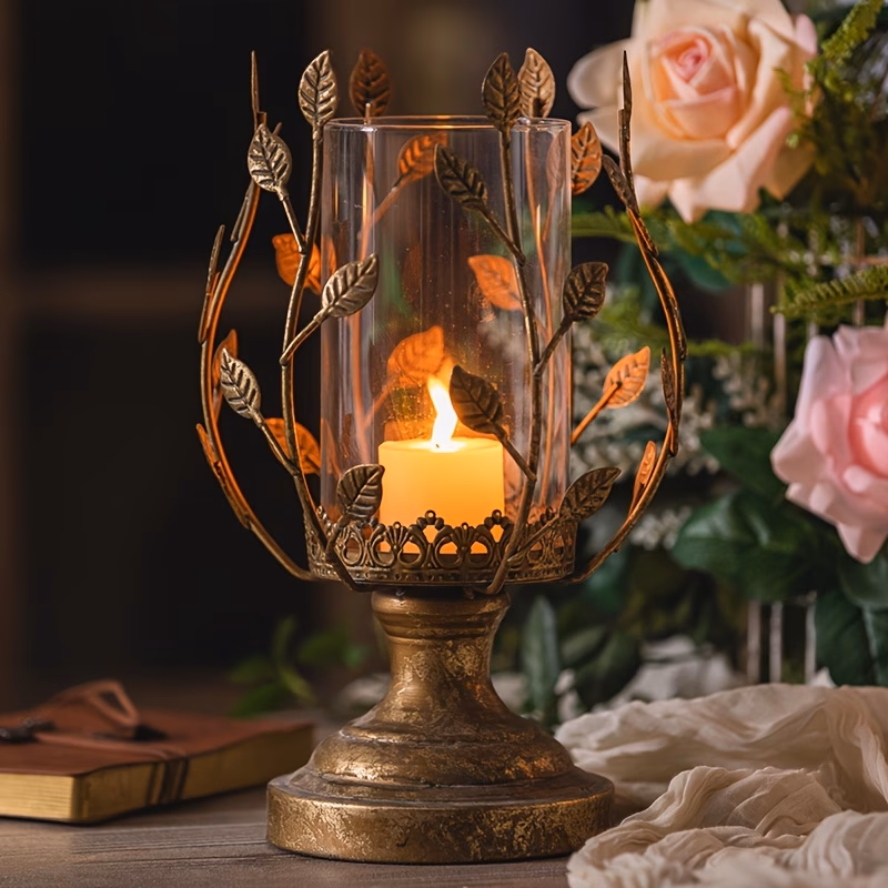 Vintage Leaf Iron Candle Holder – Elegant Tabletop Lantern Decor
